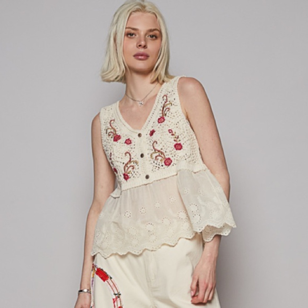 NEW POL Crochet Embroidered Floral Tank Top • Boho V-Neck Beach Summer OS - Picture 5 of 6